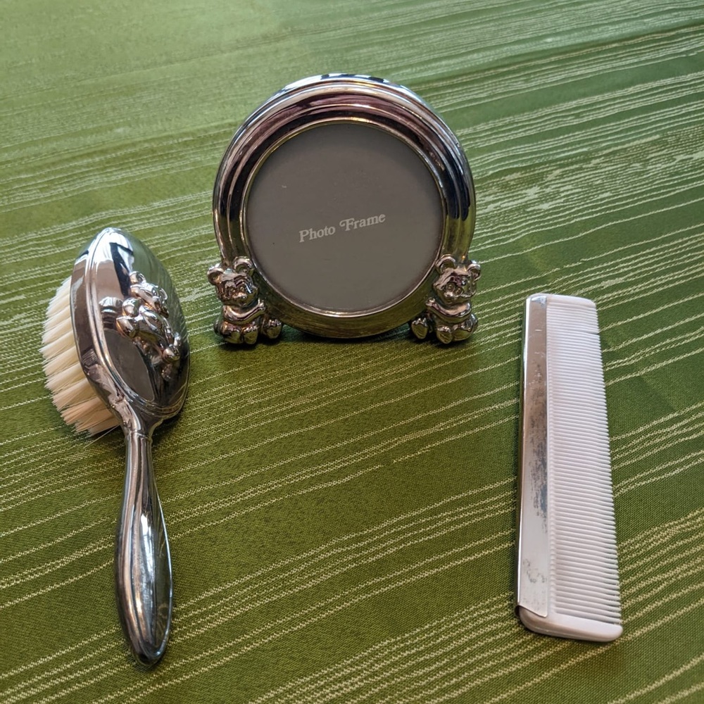 Silver plated 3 piece bear baby comb, brush and photo set